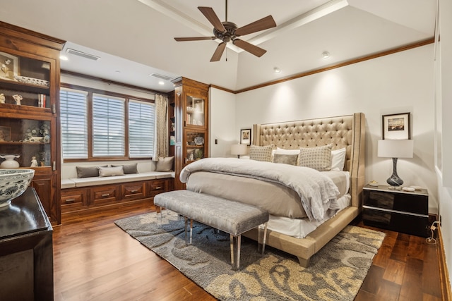 bedroom featuring ceiling fan, visible vents, dark wood-style flooring, and ornamental molding