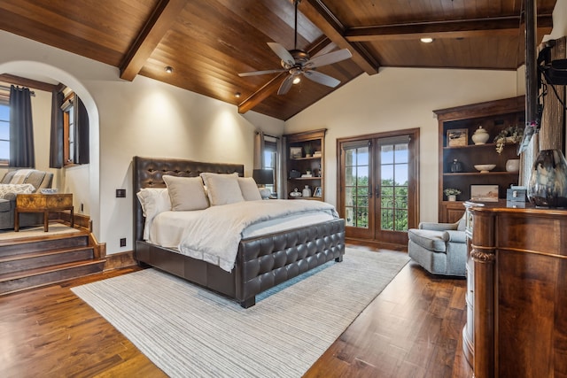 bedroom featuring vaulted ceiling with beams, wood ceiling, dark wood-style flooring, arched walkways, and access to outside