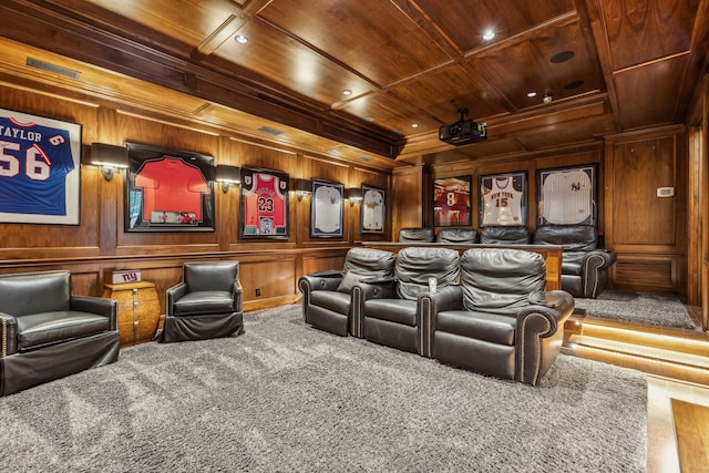 cinema room with wood walls, wooden ceiling, coffered ceiling, and crown molding