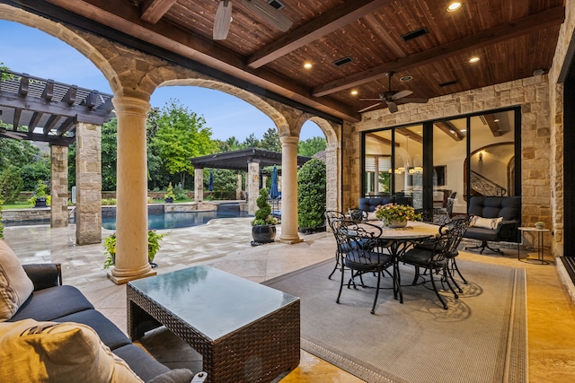 view of patio with outdoor lounge area, an outdoor pool, a pergola, and ceiling fan