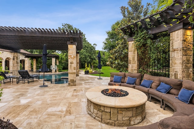 view of patio with an outdoor pool, an outdoor fire pit, and a pergola