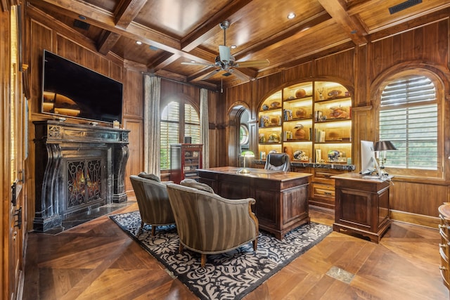 office area with wood walls, wooden ceiling, and coffered ceiling