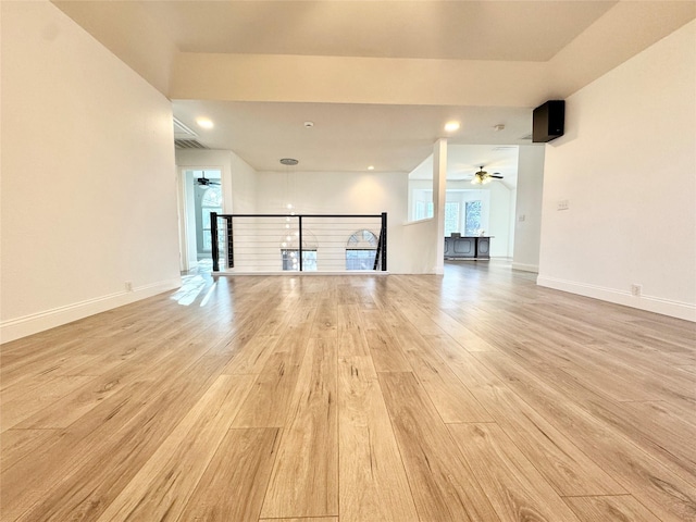 unfurnished living room with visible vents, baseboards, light wood finished floors, and ceiling fan