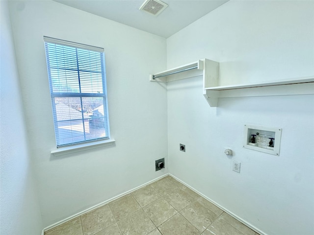 washroom with hookup for a washing machine, visible vents, gas dryer hookup, laundry area, and electric dryer hookup