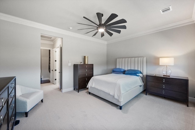 bedroom featuring baseboards, carpet, visible vents, and ornamental molding