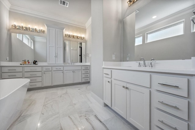 bathroom with visible vents, two vanities, marble finish floor, and crown molding