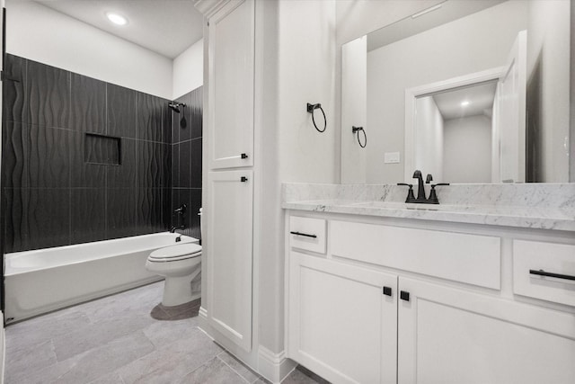 full bathroom featuring recessed lighting, toilet, shower / washtub combination, and vanity