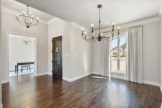 unfurnished dining area featuring visible vents, dark wood-type flooring, baseboards, a chandelier, and ornamental molding