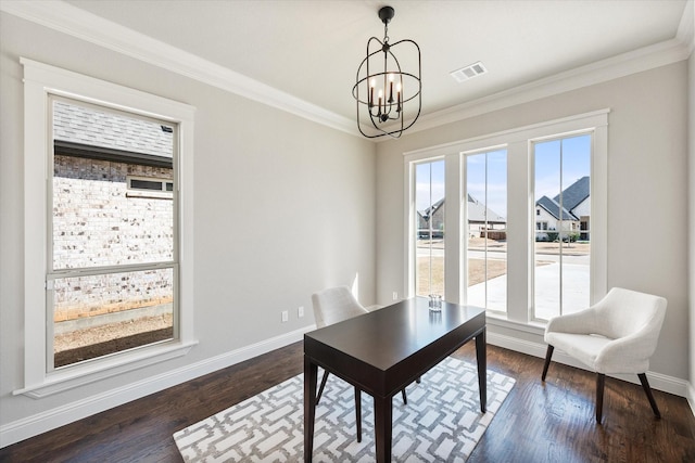 office area featuring visible vents, dark wood-style floors, crown molding, baseboards, and a chandelier