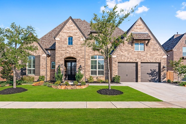 french country home featuring a front yard, driveway, roof with shingles, a garage, and brick siding