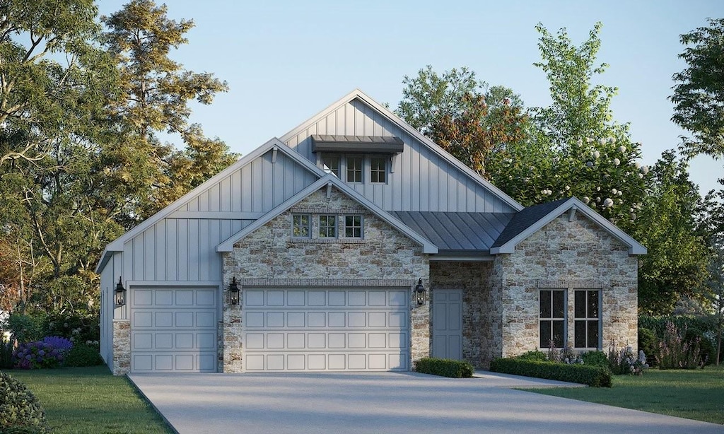 view of front of home with board and batten siding, an attached garage, stone siding, and driveway