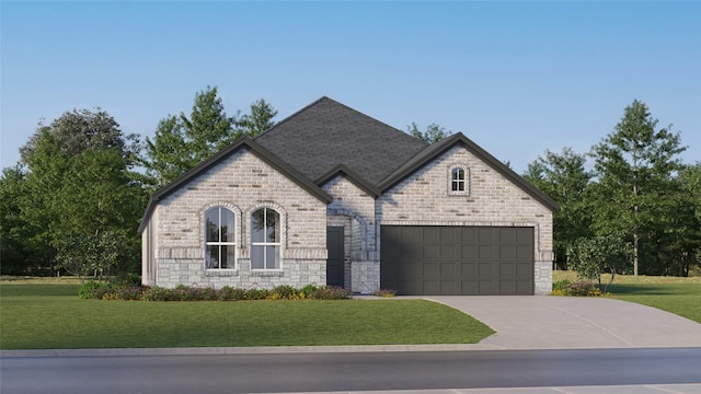 french provincial home with driveway, brick siding, an attached garage, and a front yard