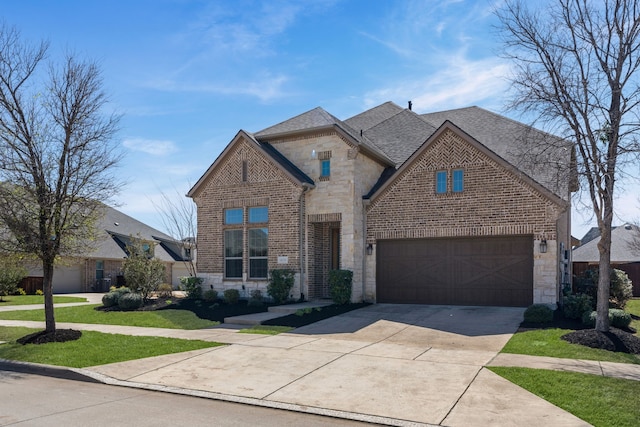 french provincial home featuring brick siding, stone siding, driveway, and a garage