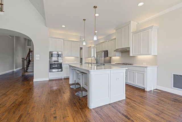 kitchen featuring under cabinet range hood, appliances with stainless steel finishes, dark wood-type flooring, and a kitchen island with sink