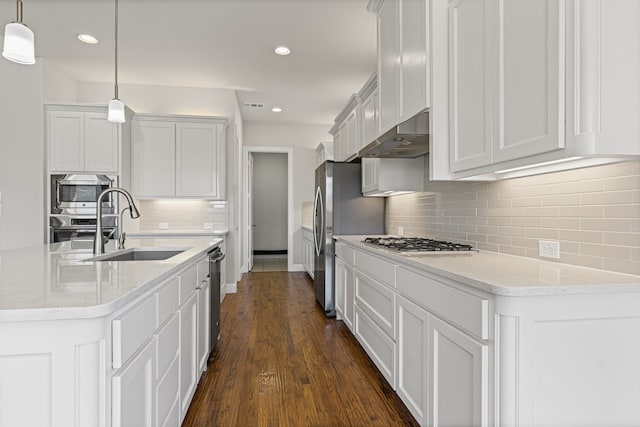 kitchen featuring recessed lighting, a sink, stainless steel appliances, dark wood-type flooring, and under cabinet range hood