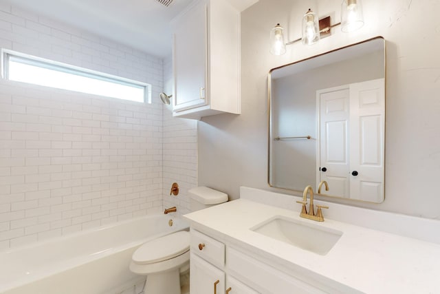 full bath with tub / shower combination, toilet, and vanity