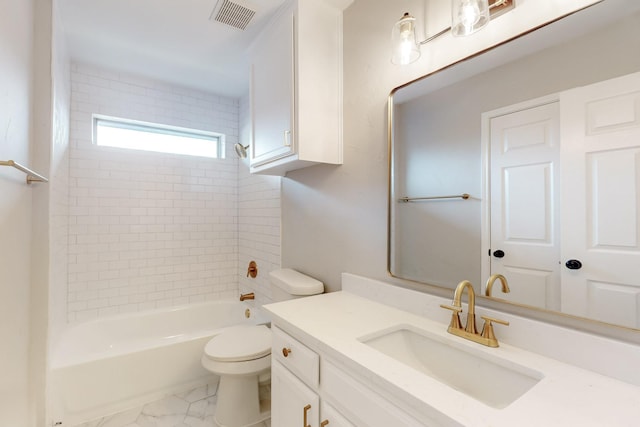 full bathroom featuring vanity, washtub / shower combination, visible vents, toilet, and marble finish floor