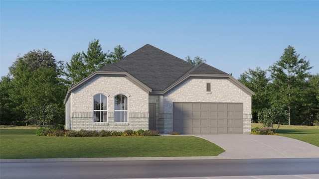 french provincial home featuring a front lawn, a garage, stone siding, and concrete driveway