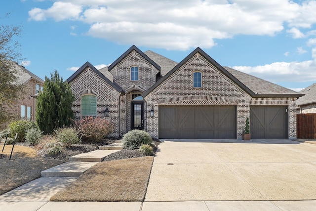 french country style house with concrete driveway, a garage, brick siding, and roof with shingles