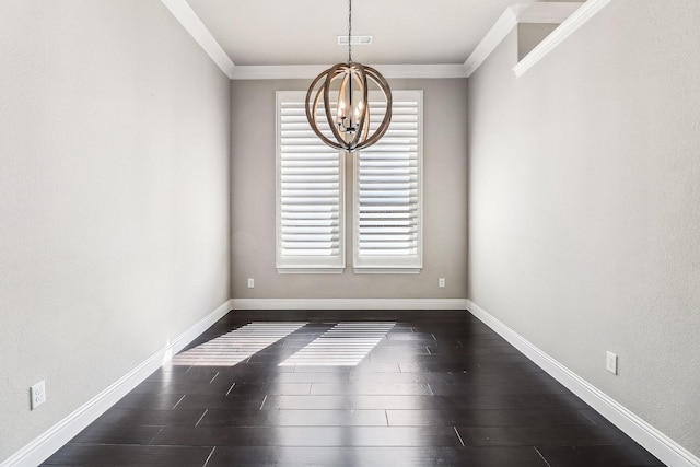 unfurnished dining area featuring an inviting chandelier, crown molding, visible vents, and dark wood-type flooring