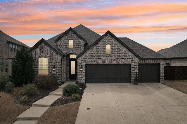 french country style house with a garage, brick siding, driveway, and a shingled roof