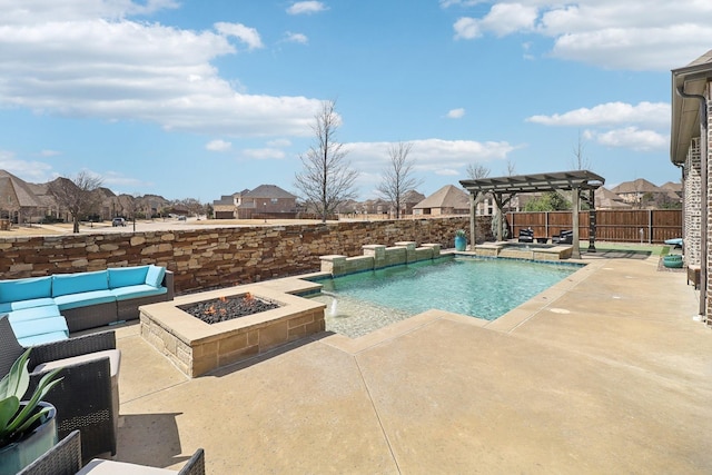 view of pool with an outdoor living space with a fire pit, a patio, a fenced backyard, and a pergola