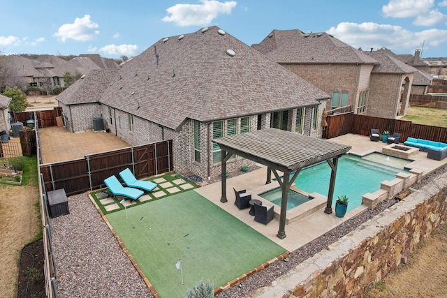 view of pool with an outdoor living space with a fire pit, a patio, a fenced backyard, and a pergola