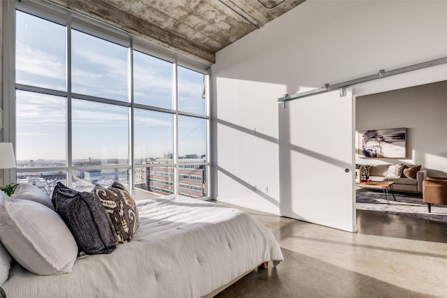 bedroom featuring a city view, a barn door, and floor to ceiling windows