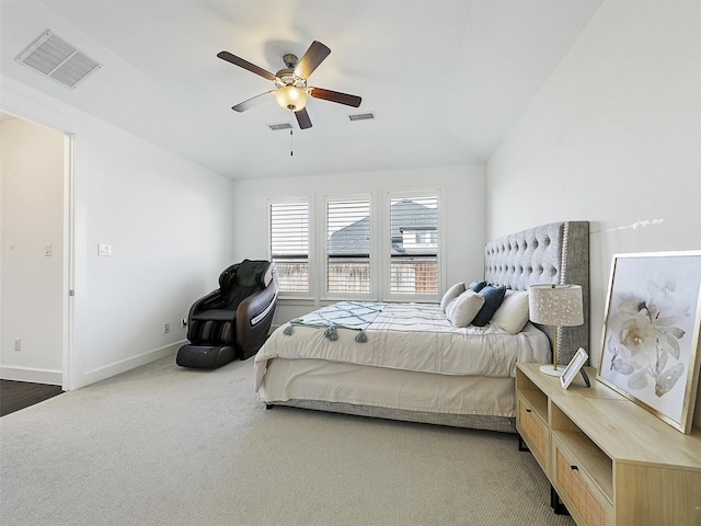 bedroom with a ceiling fan, carpet, visible vents, and baseboards