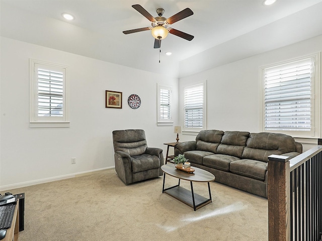 carpeted living area featuring recessed lighting, baseboards, and ceiling fan