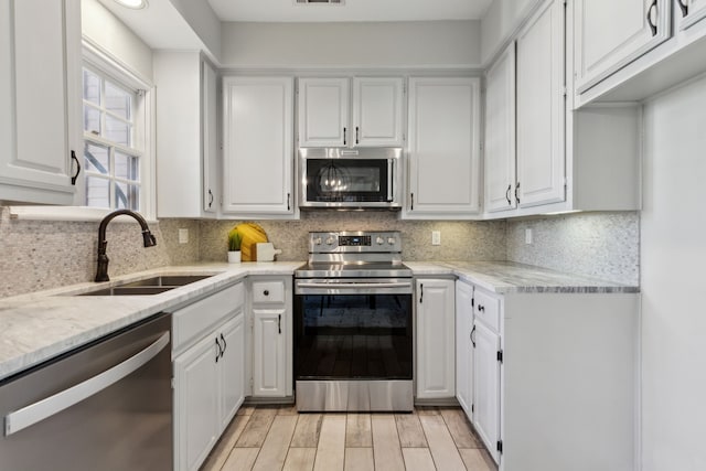 kitchen featuring a sink, tasteful backsplash, white cabinetry, stainless steel appliances, and light wood finished floors