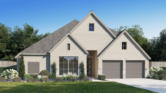 view of front of house with an attached garage, brick siding, driveway, and a shingled roof