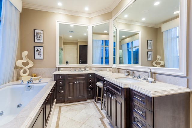 full bathroom featuring recessed lighting, a jetted tub, vanity, and ornamental molding