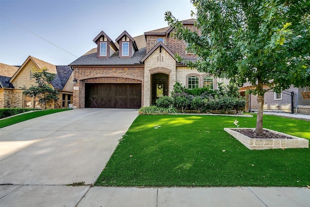 french provincial home with brick siding, a garage, driveway, and a front lawn