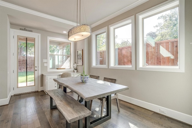 dining space with dark wood finished floors, a healthy amount of sunlight, baseboards, and ornamental molding