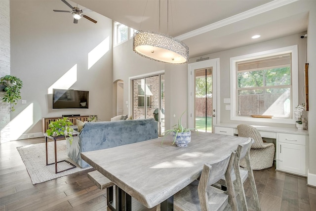 dining space featuring crown molding, ceiling fan, recessed lighting, a high ceiling, and dark wood-style flooring