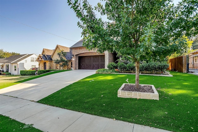 view of front of house with brick siding, an attached garage, concrete driveway, and a front lawn