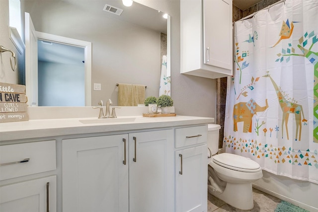 bathroom featuring vanity, visible vents, tile patterned floors, toilet, and shower / tub combo with curtain