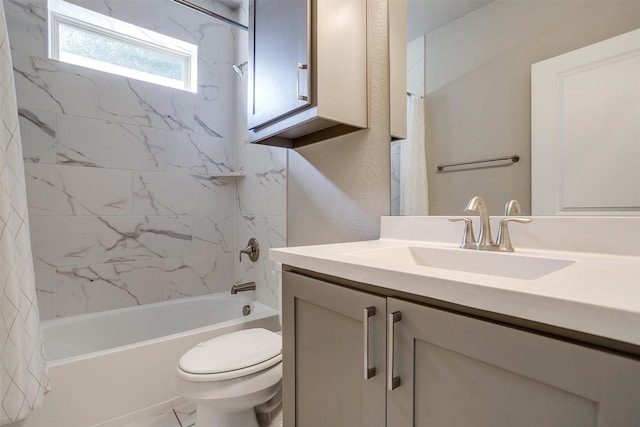 full bathroom with vanity, toilet, shower / tub combo with curtain, and a textured wall