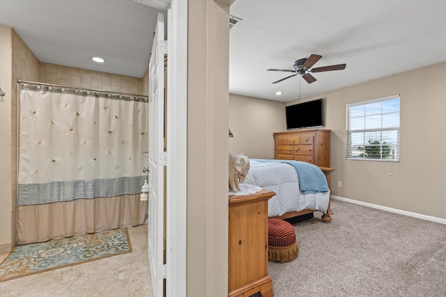 bedroom featuring a ceiling fan, recessed lighting, carpet, and baseboards