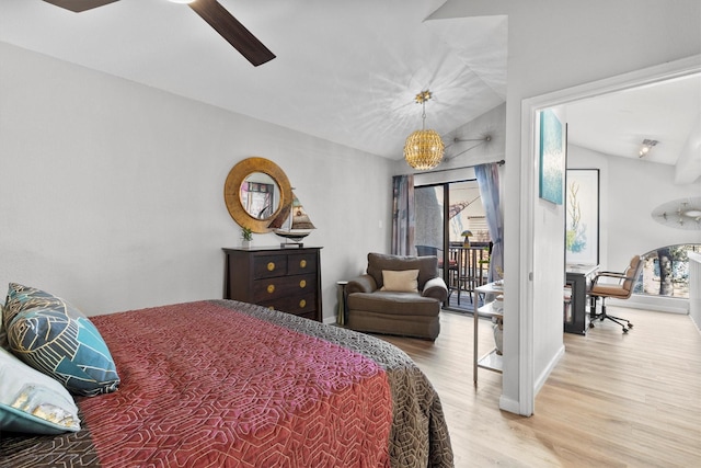 bedroom featuring wood finished floors, baseboards, access to exterior, vaulted ceiling, and ceiling fan with notable chandelier