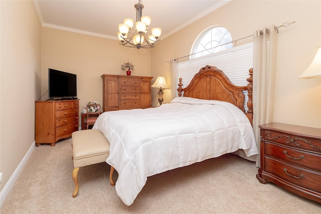 bedroom featuring baseboards, light colored carpet, an inviting chandelier, and ornamental molding