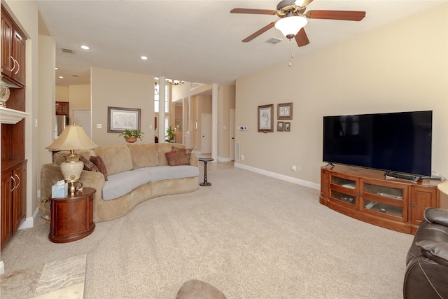 living room with light carpet, recessed lighting, visible vents, and ceiling fan