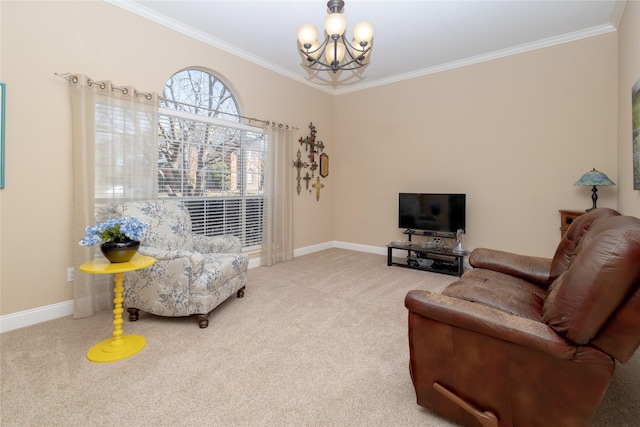 carpeted living area featuring ornamental molding, baseboards, and a chandelier