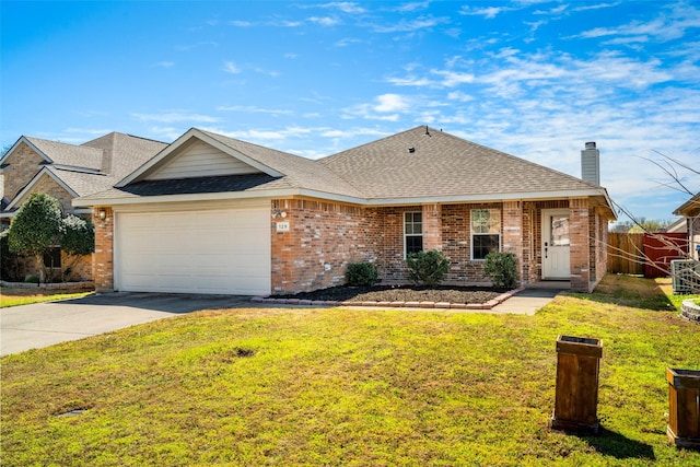 single story home featuring concrete driveway, a front yard, an attached garage, brick siding, and a chimney