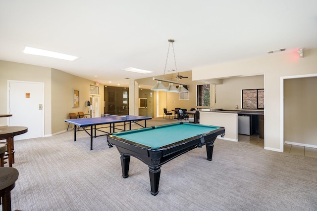 playroom with billiards, light colored carpet, visible vents, and baseboards