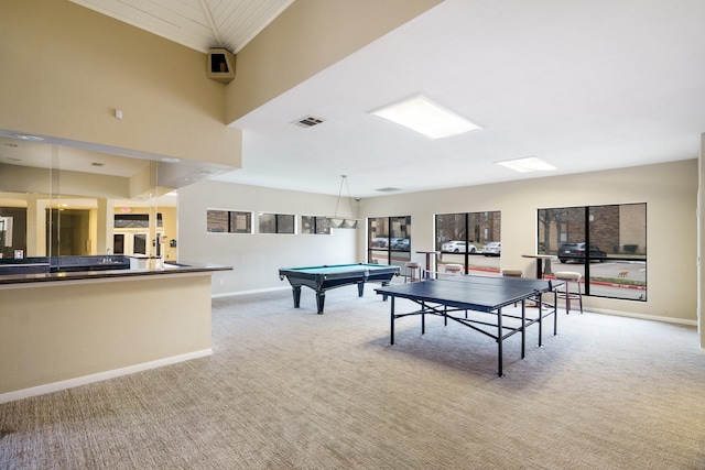 rec room featuring visible vents, baseboards, and carpet