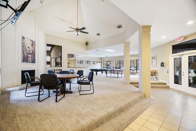 tiled dining area with visible vents, ceiling fan, decorative columns, recessed lighting, and french doors