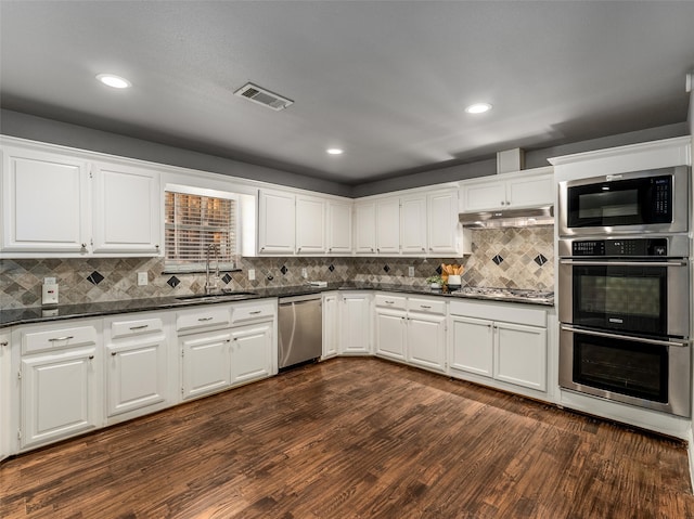 kitchen with visible vents, under cabinet range hood, dark wood-style floors, stainless steel appliances, and a sink