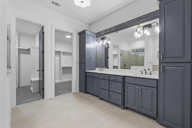 bathroom with visible vents, a stall shower, a walk in closet, and a sink